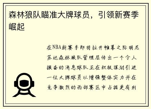 森林狼队瞄准大牌球员，引领新赛季崛起